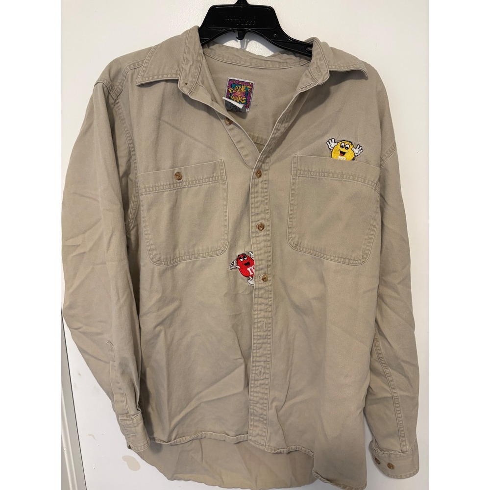Vintage 1996 Planet Mars M&M's Cotton Button Down Shirt Mens Medium Khaki Tan